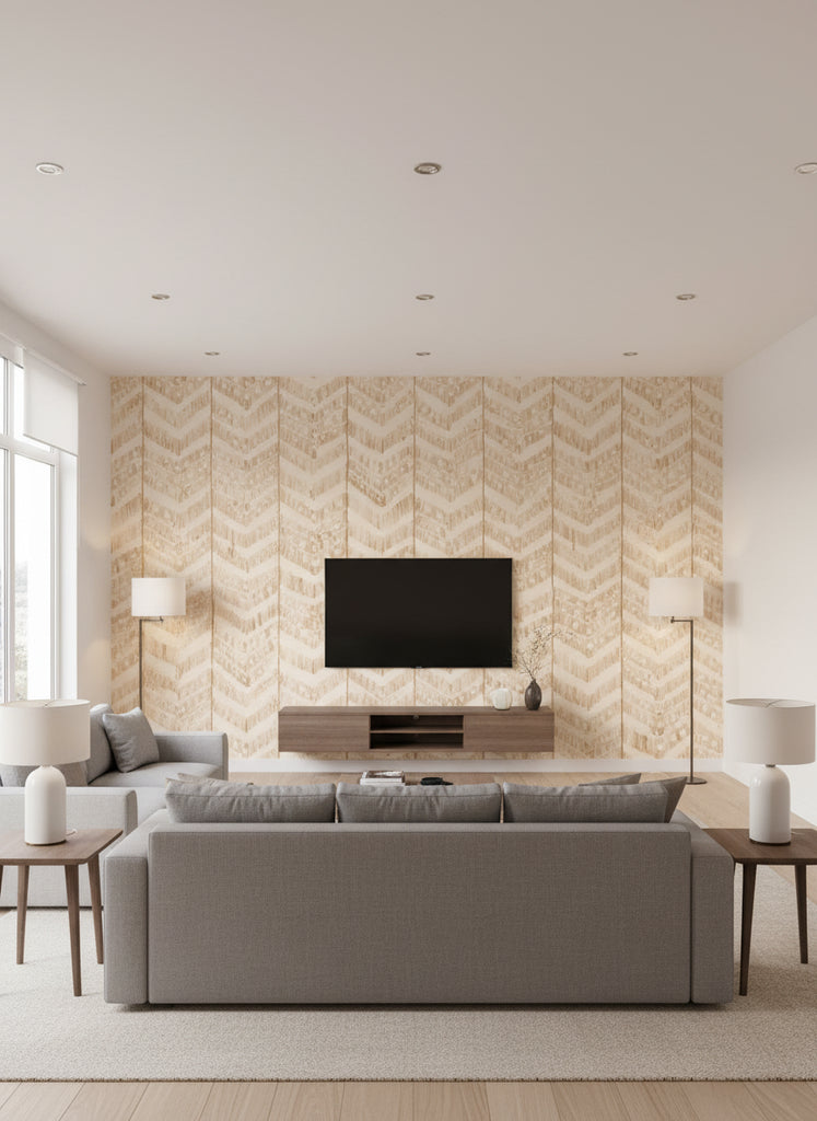 Turkish Ikat Taupe | Mind The Gap - Living Room Visualization (AI-generated, may not be to scale. Verify pattern scale with product specifications.)