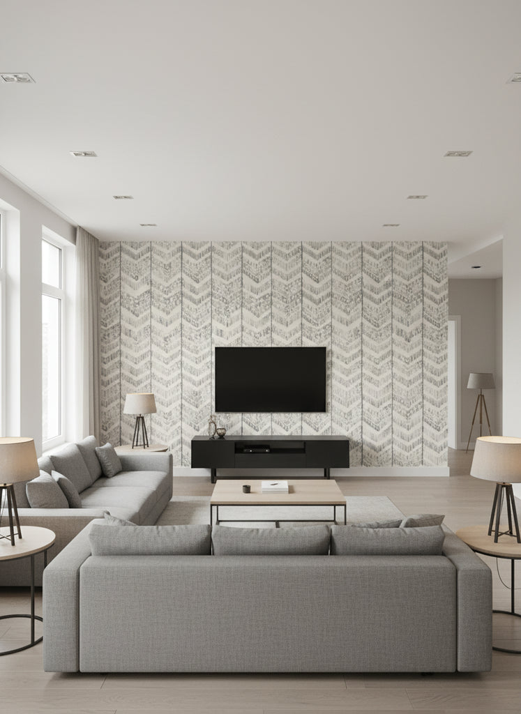 Turkish Ikat Neutral | Mind The Gap - Living Room Visualization (AI-generated, may not be to scale. Verify pattern scale with product specifications.)