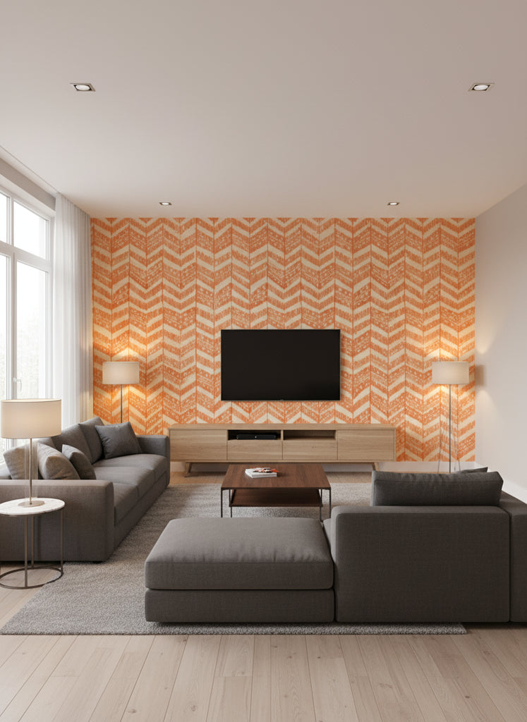 Turkish Ikat Tangerine | Mind The Gap - Living Room Visualization (AI-generated, may not be to scale. Verify pattern scale with product specifications.)