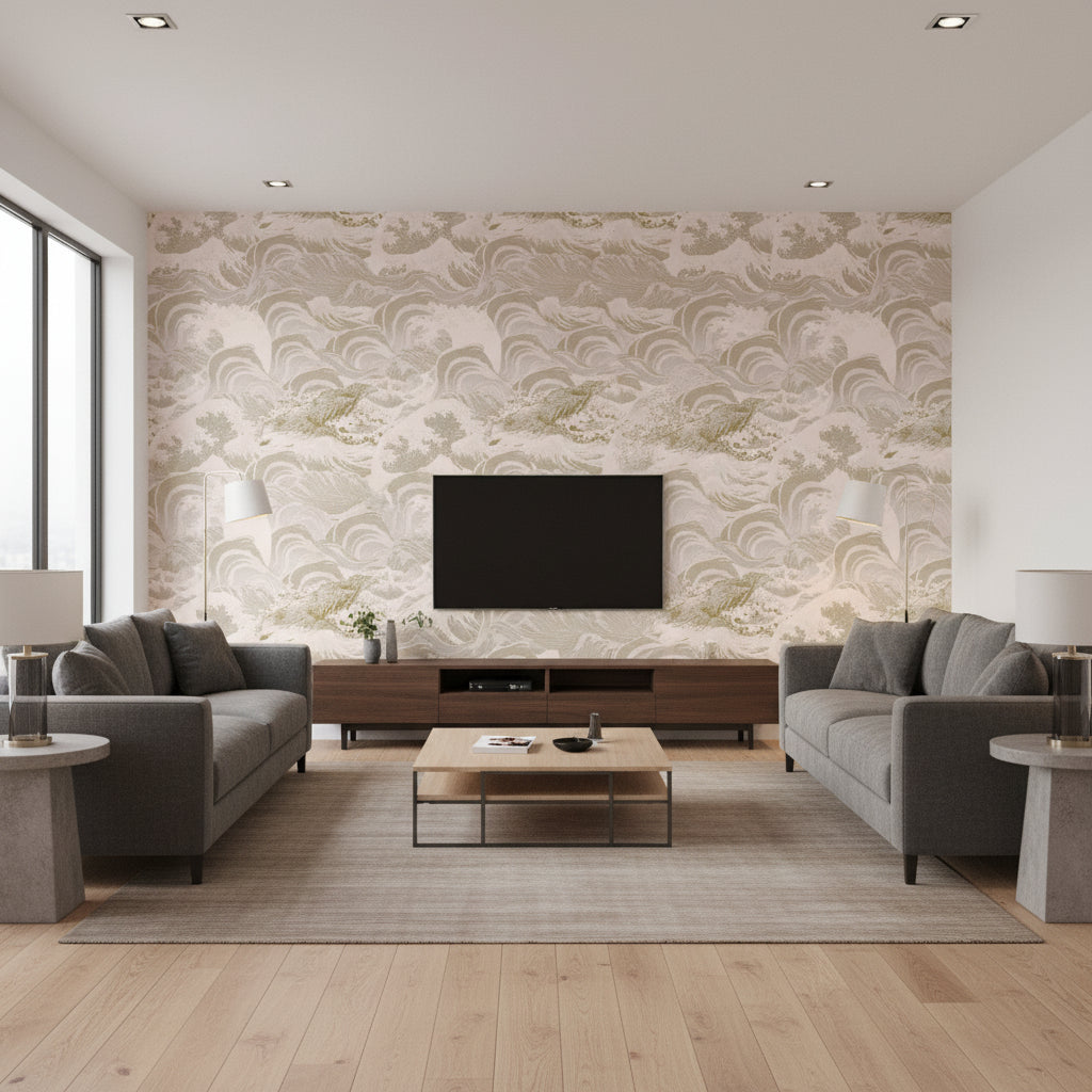 Sea Waves Neutral | Mind The Gap - Living Room Visualization (AI-generated, may not be to scale. Verify pattern scale with product specifications.)