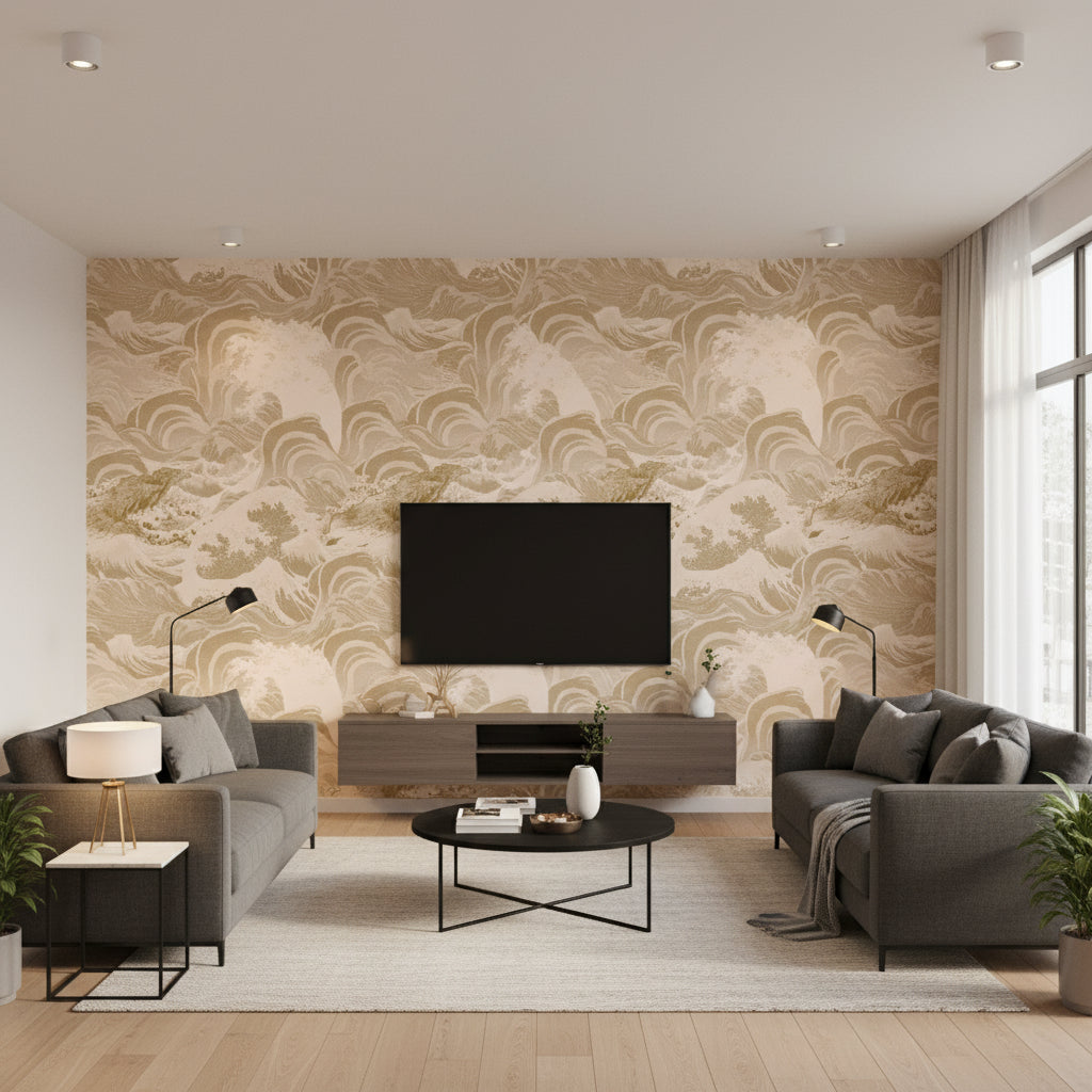 Sea Waves Taupe | Mind The Gap - Living Room Visualization (AI-generated, may not be to scale. Verify pattern scale with product specifications.)