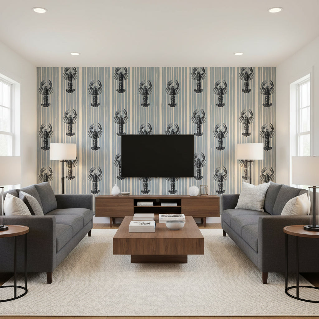 Mediterranean Lobsters Light Grey | Mind The Gap - Living Room Visualization (AI-generated, may not be to scale. Verify pattern scale with product specifications.)