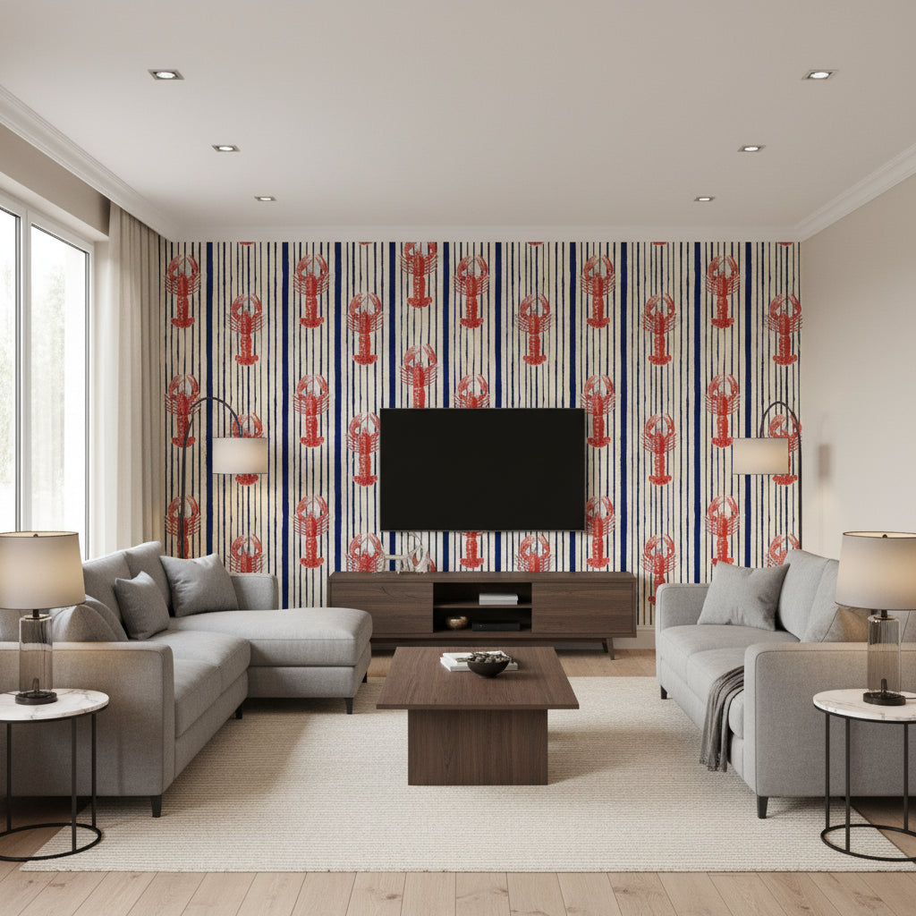 Mediterranean Lobsters White | Mind The Gap - Living Room Visualization (AI-generated, may not be to scale. Verify pattern scale with product specifications.)