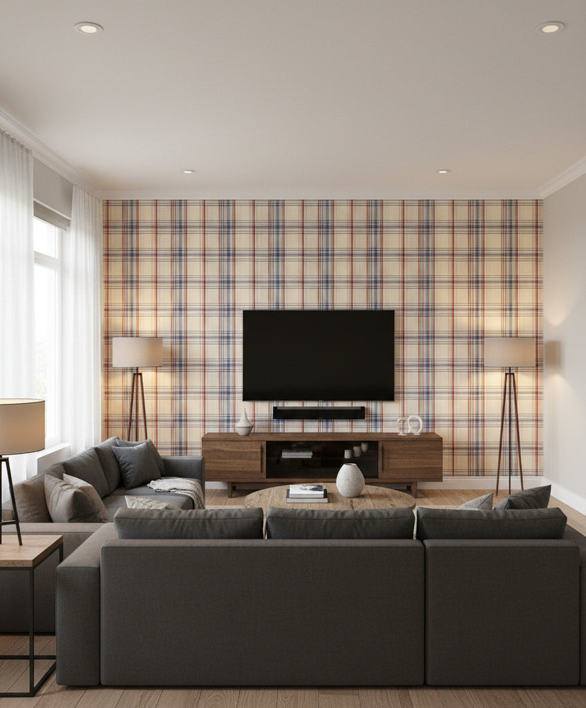 Seaport Plaid Cream | Mind The Gap - Living Room Visualization (AI-generated, may not be to scale. Verify pattern scale with product specifications.)