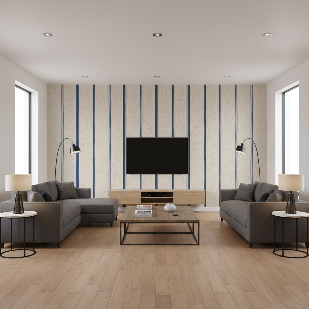 Katalin Stripe White Sand | Mind The Gap - Living Room Visualization (AI-generated, may not be to scale. Verify pattern scale with product specifications.)