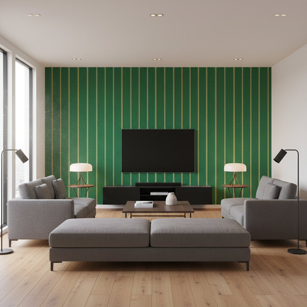 Katalin Stripe Ultramarine Green | Mind The Gap - Living Room Visualization (AI-generated, may not be to scale. Verify pattern scale with product specifications.)