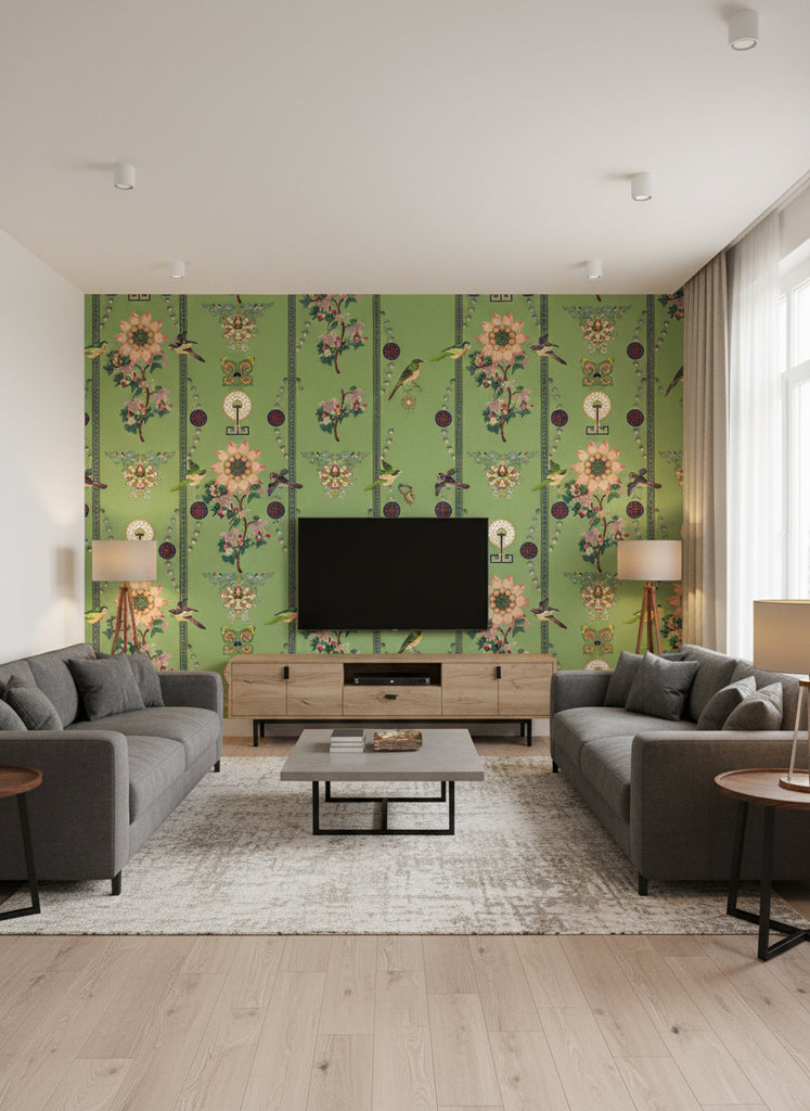 Lin Yuan Absinthe Green | Mind The Gap - Living Room Visualization (AI-generated, may not be to scale. Verify pattern scale with product specifications.)