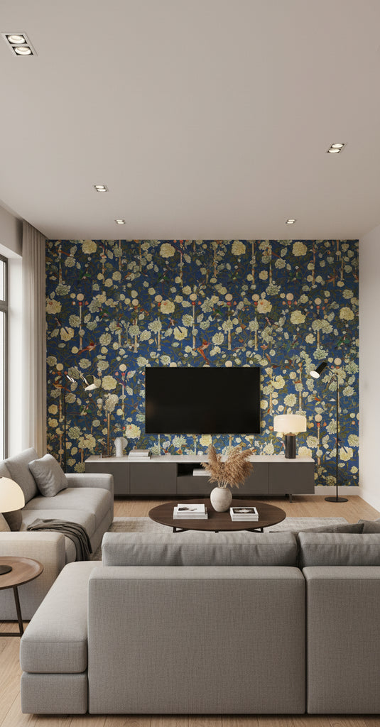 The Garden Of Immortality Lapis Blue | Mind The Gap - Living Room Visualization (AI-generated, may not be to scale. Verify pattern scale with product specifications.)