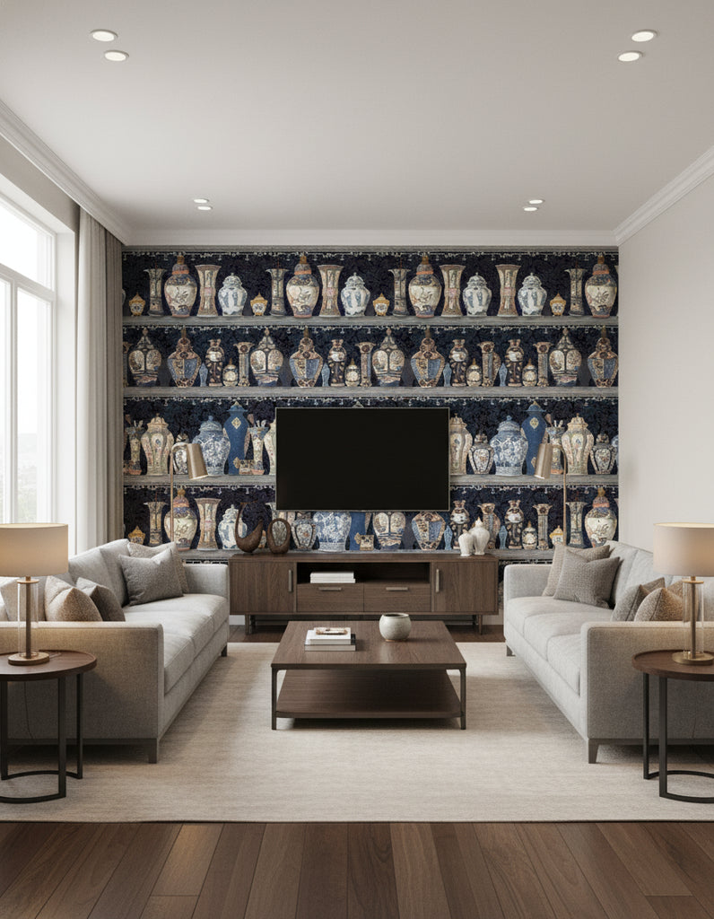 Ceramic Wonders Indigo | Mind The Gap - Living Room Visualization (AI-generated, may not be to scale. Verify pattern scale with product specifications.)