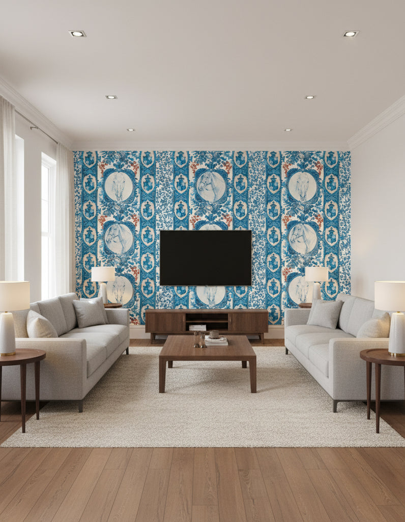The Competition Panel Blue | Mind The Gap - Living Room Visualization (AI-generated, may not be to scale. Verify pattern scale with product specifications.)