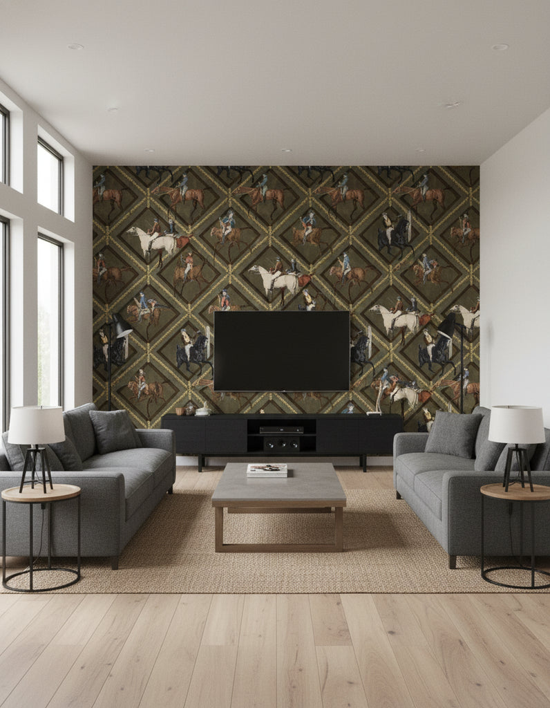 Gymkhana Grey | Mind The Gap - Living Room Visualization (AI-generated, may not be to scale. Verify pattern scale with product specifications.)