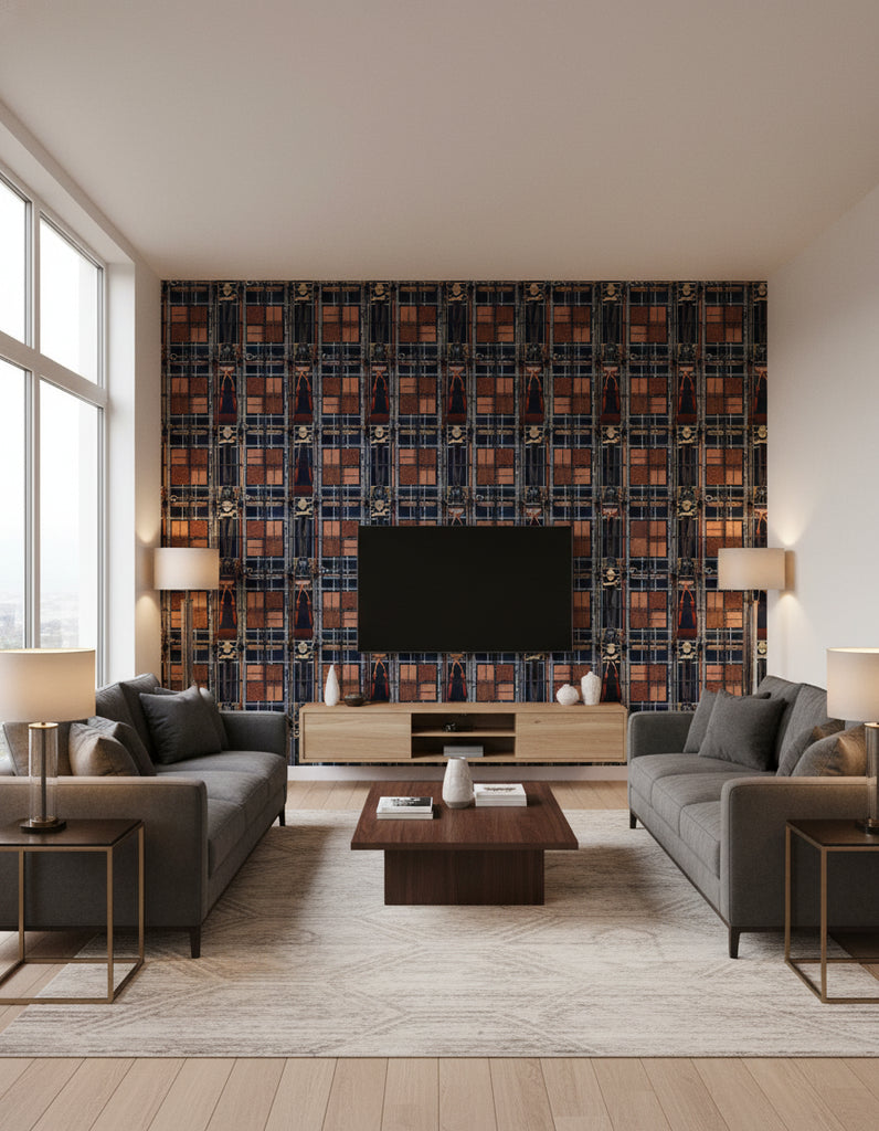 Harnessmaker'S Atelier Dark | Mind The Gap - Living Room Visualization (AI-generated, may not be to scale. Verify pattern scale with product specifications.)