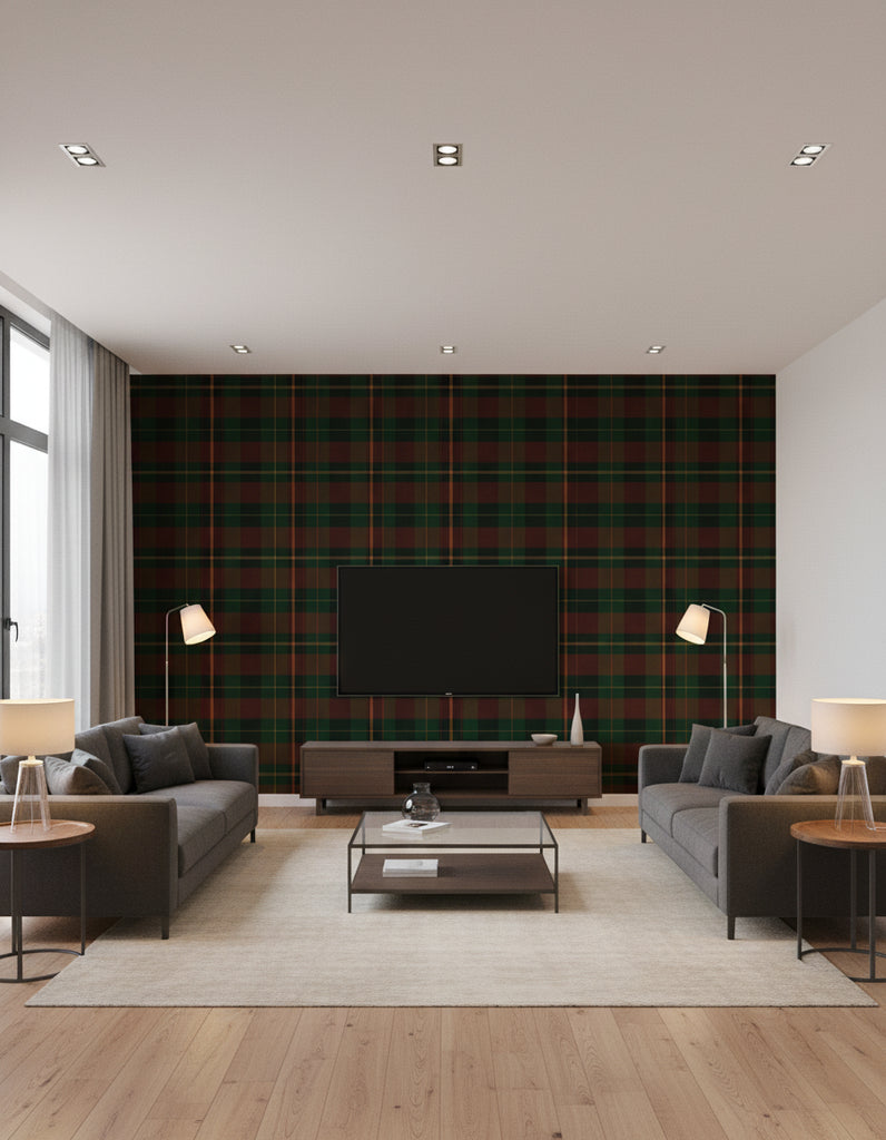 Equestrian Plaid Burgundy | Mind The Gap - Living Room Visualization (AI-generated, may not be to scale. Verify pattern scale with product specifications.)