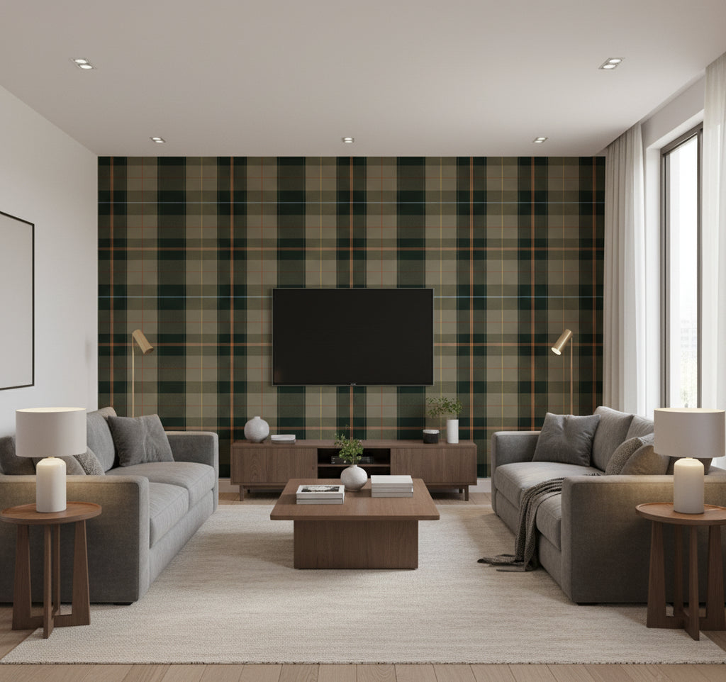 Equestrian Plaid Khaki | Mind The Gap - Living Room Visualization (AI-generated, may not be to scale. Verify pattern scale with product specifications.)