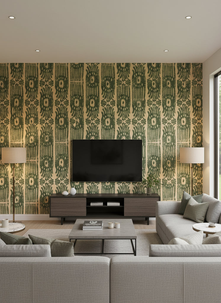 Tribal Ikat Myrtle | Mind The Gap - Living Room Visualization (AI-generated, may not be to scale. Verify pattern scale with product specifications.)