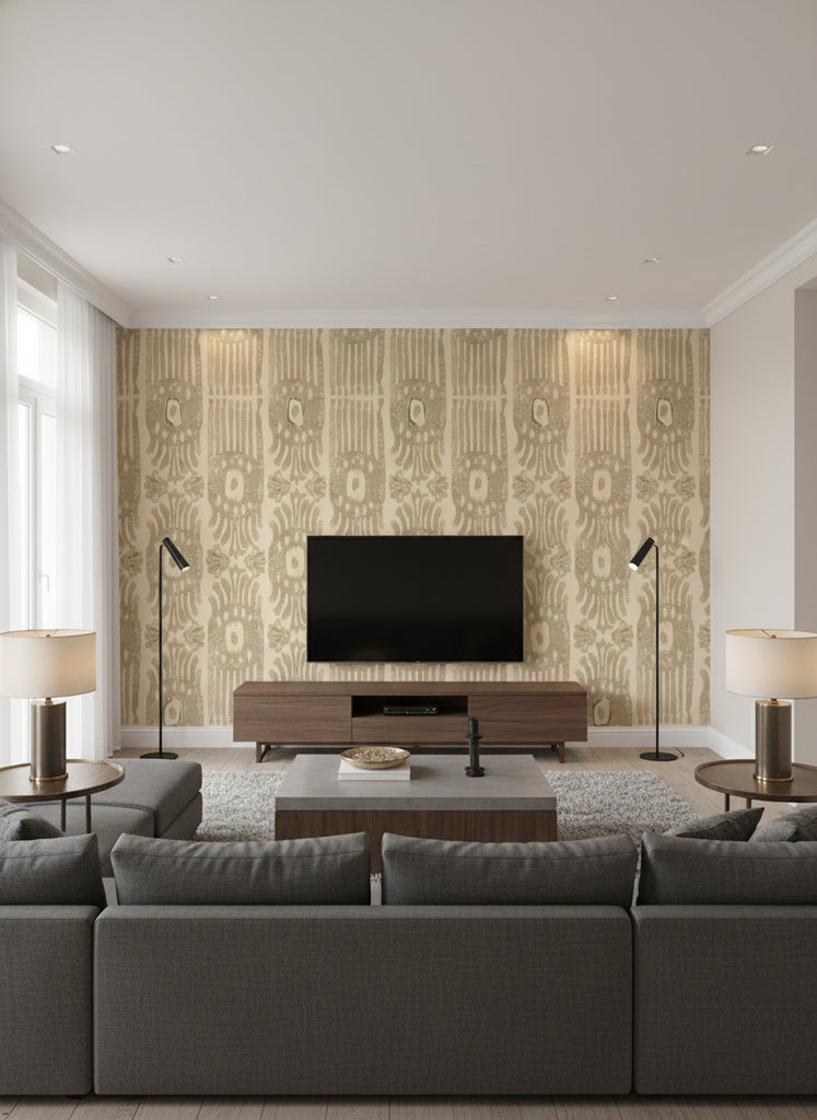 Tribal Ikat Angora | Mind The Gap - Living Room Visualization (AI-generated, may not be to scale. Verify pattern scale with product specifications.)