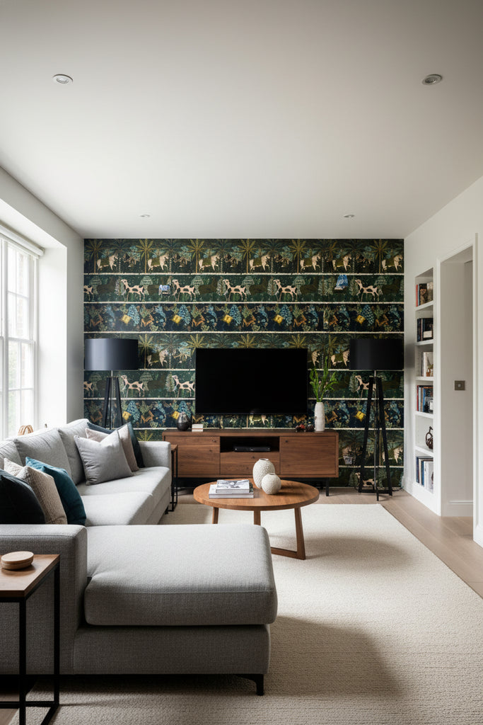 Carnaval Green | Mind The Gap - Living Room Visualization (AI-generated, may not be to scale. Verify pattern scale with product specifications.)