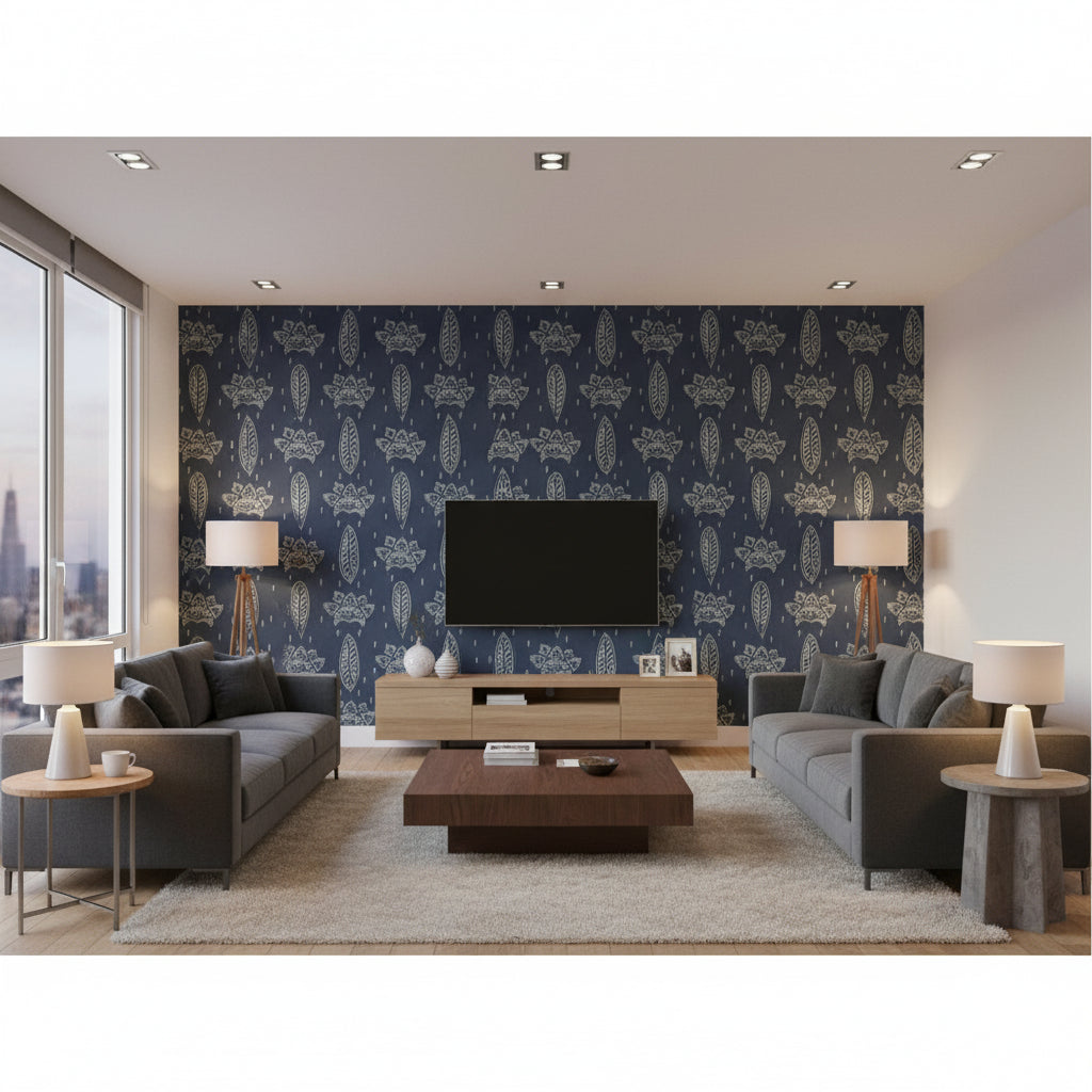 Bethel Batik Cobalt | Mind The Gap - Living Room Visualization (AI-generated, may not be to scale. Verify pattern scale with product specifications.)