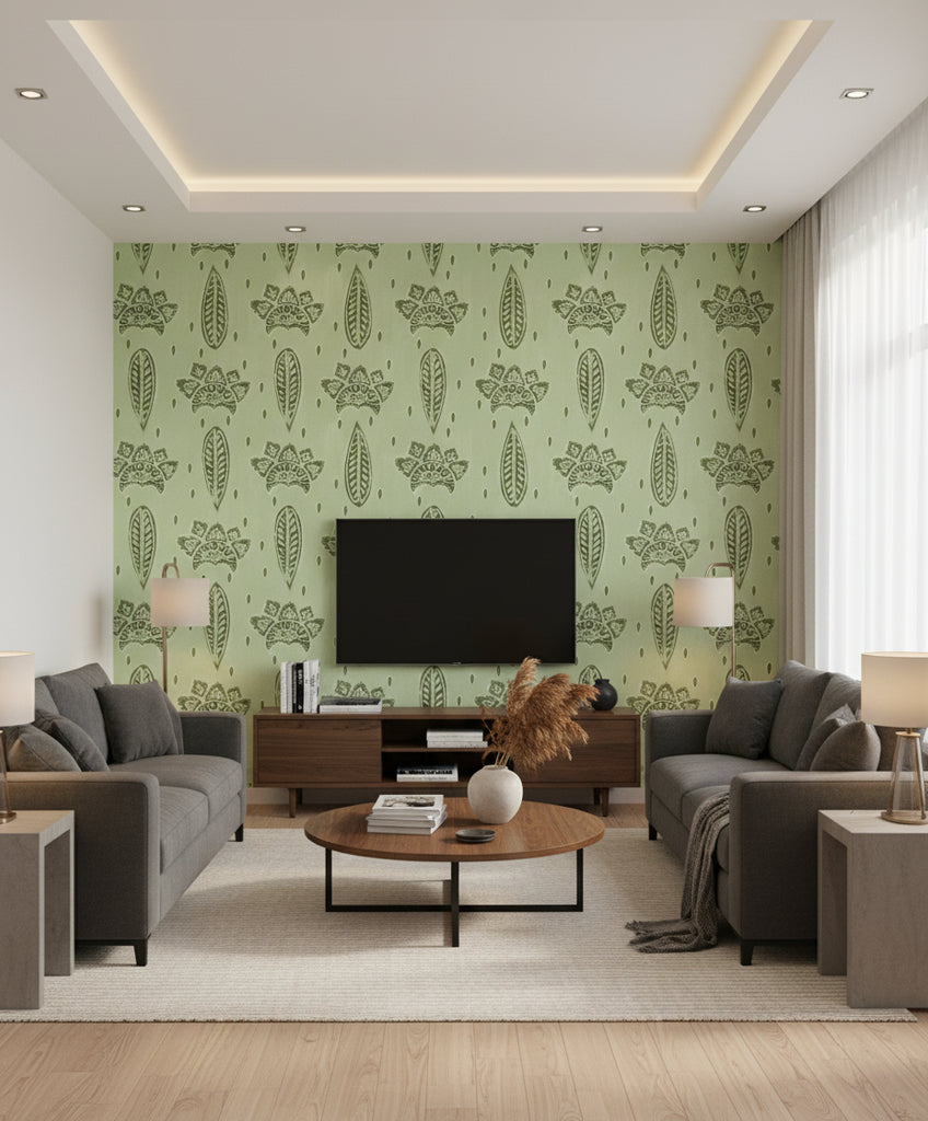 Bethel Batik Smoke Green | Mind The Gap - Living Room Visualization (AI-generated, may not be to scale. Verify pattern scale with product specifications.)