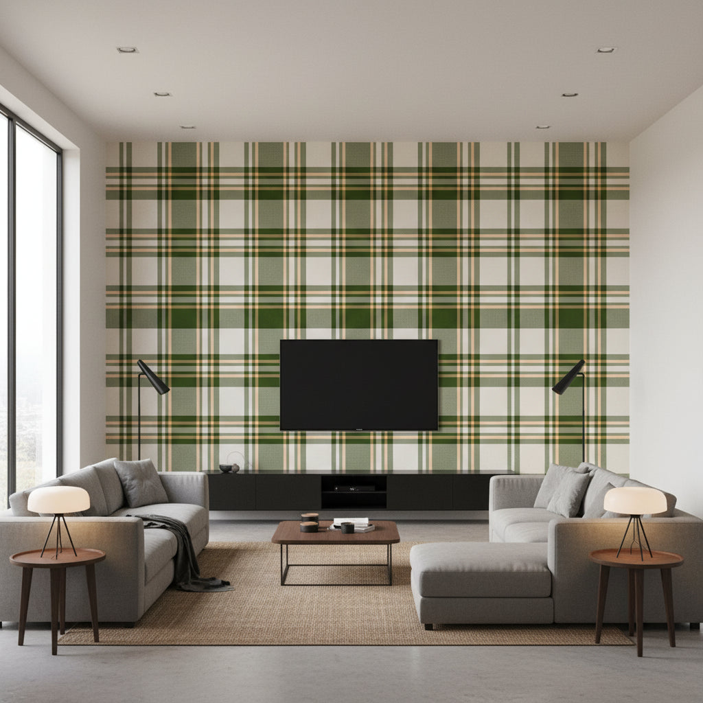 Chesterfield Plaid Juniper | Mind The Gap - Living Room Visualization (AI-generated, may not be to scale. Verify pattern scale with product specifications.)