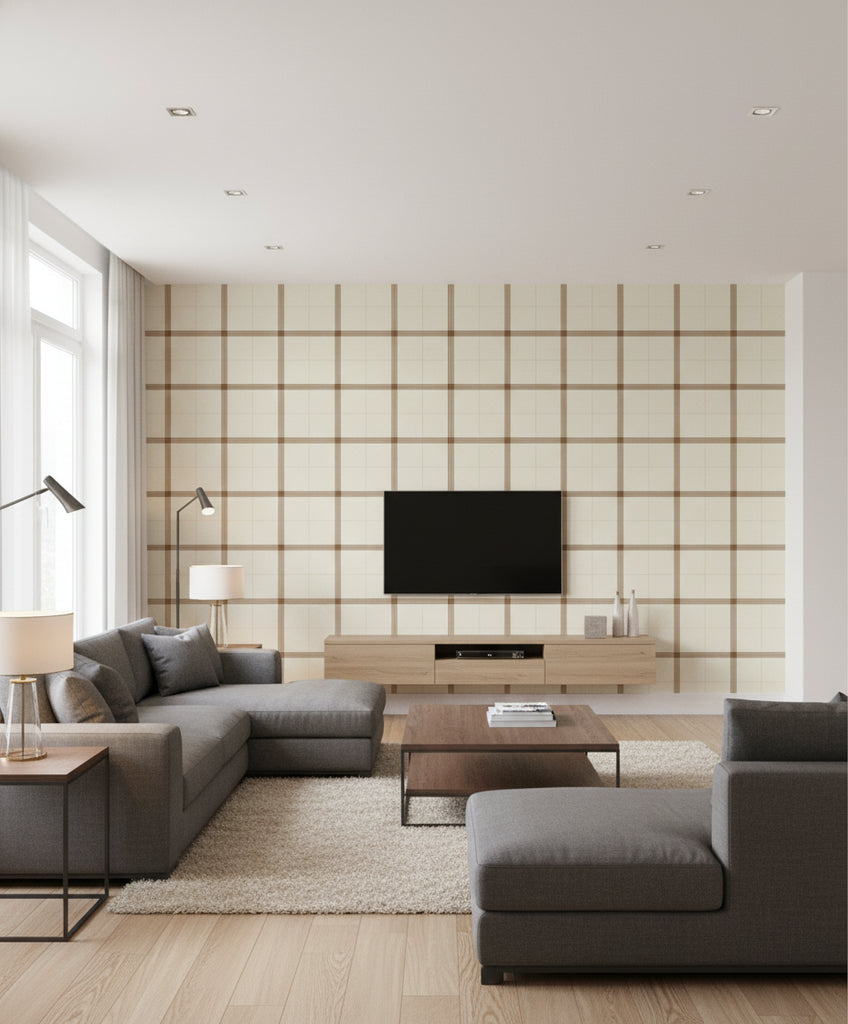 Hampton Brown | Mind The Gap - Living Room Visualization (AI-generated, may not be to scale. Verify pattern scale with product specifications.)