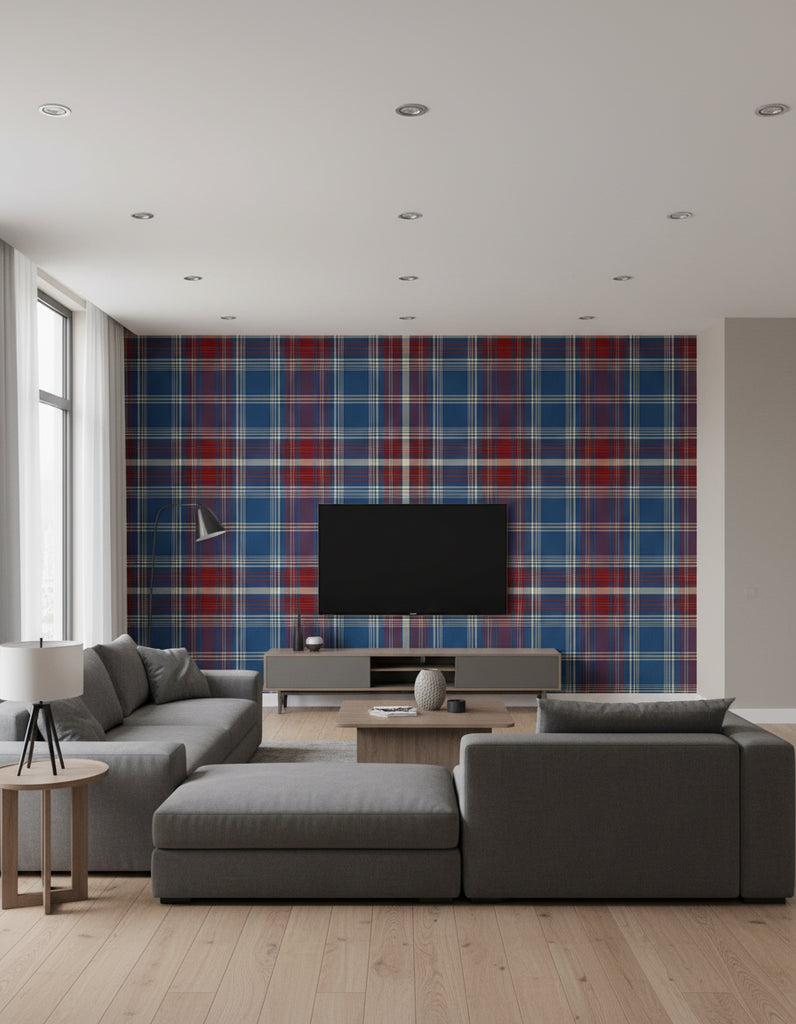 Monterey Sapphire | Mind The Gap - Living Room Visualization (AI-generated, may not be to scale. Verify pattern scale with product specifications.)
