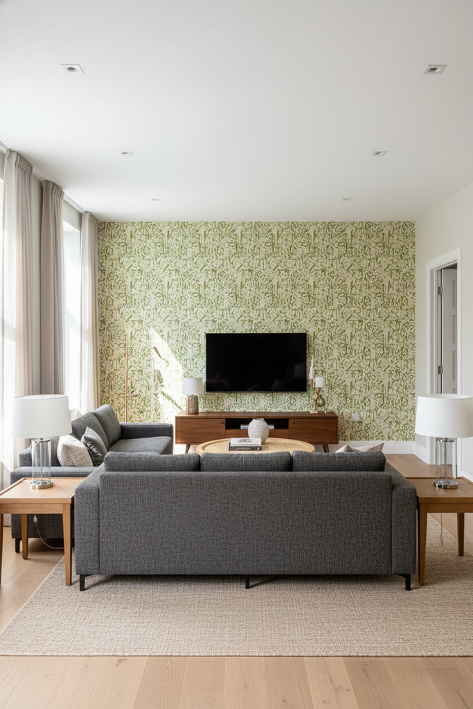 On The Stage Greenery | Mind The Gap - Living Room Visualization (AI-generated, may not be to scale. Verify pattern scale with product specifications.)