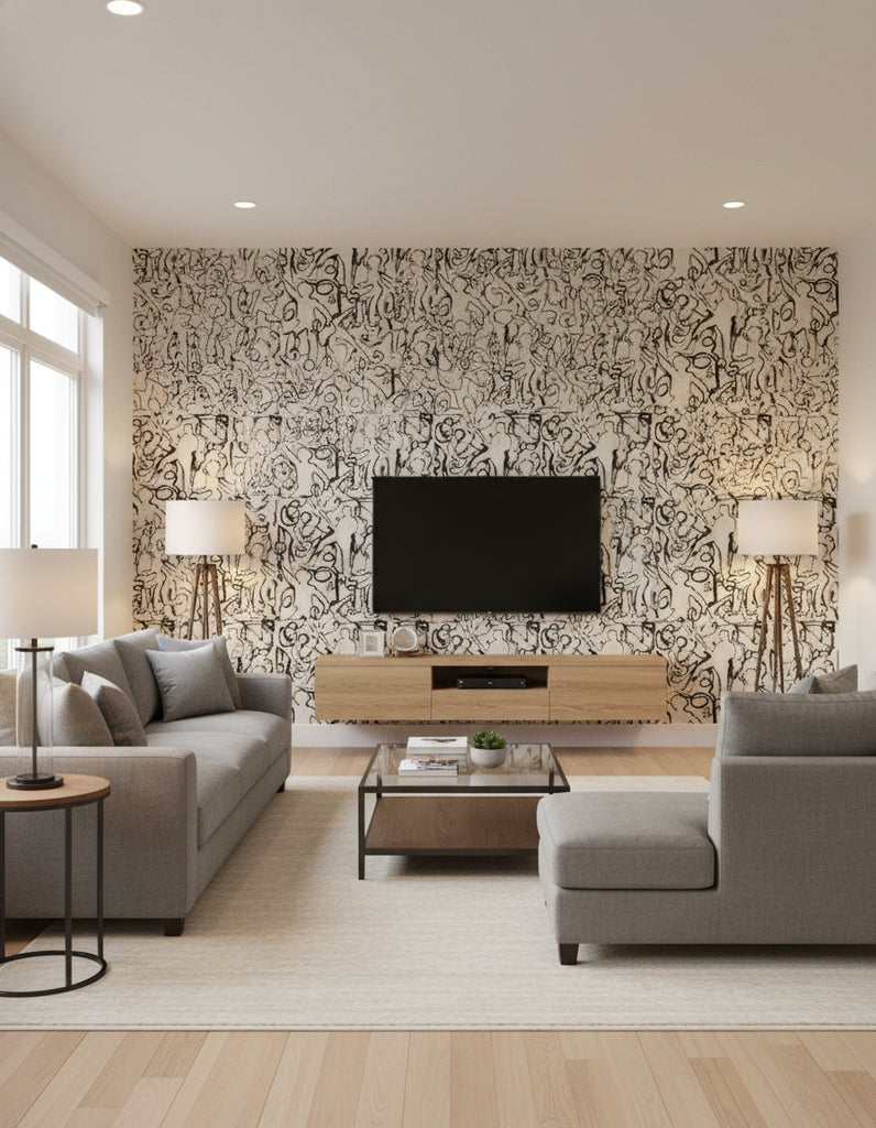 On The Stage Monochrome | Mind The Gap - Living Room Visualization (AI-generated, may not be to scale. Verify pattern scale with product specifications.)