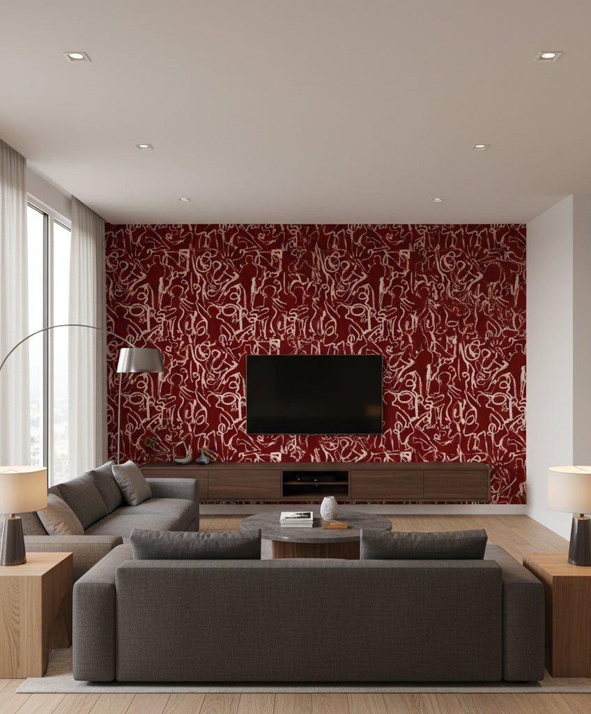 On The Stage Rhubarb | Mind The Gap - Living Room Visualization (AI-generated, may not be to scale. Verify pattern scale with product specifications.)