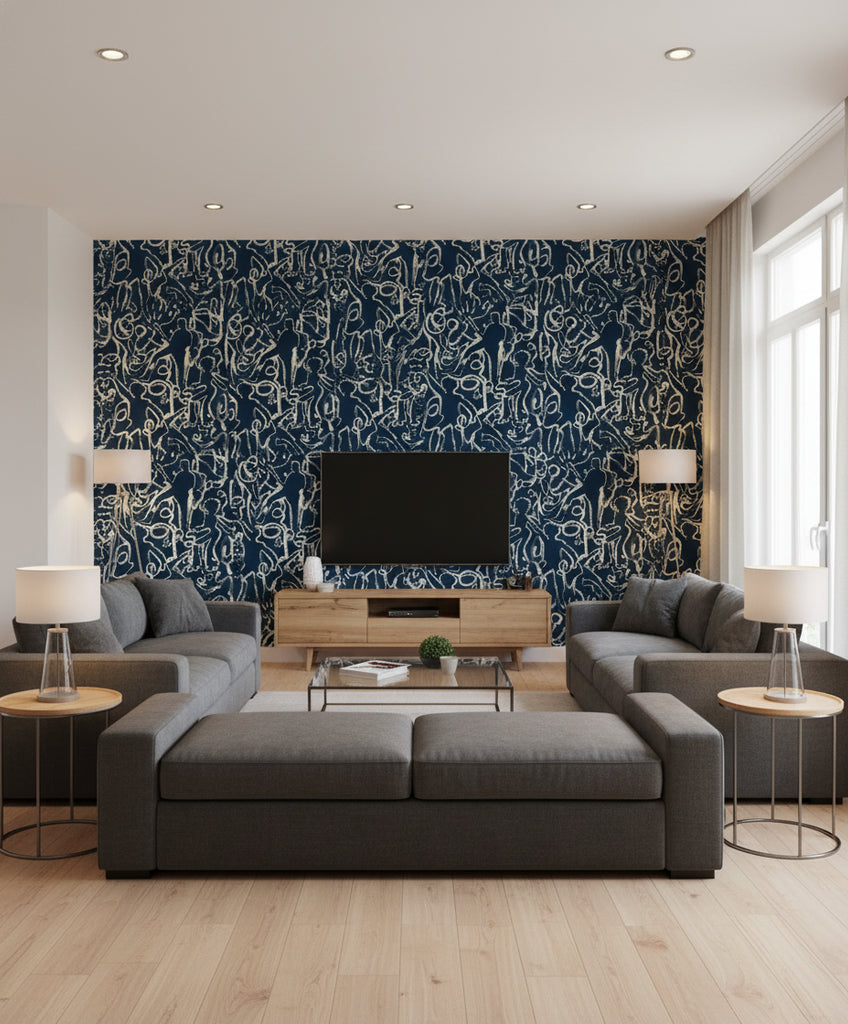 On The Stage Midnight Blue | Mind The Gap - Living Room Visualization (AI-generated, may not be to scale. Verify pattern scale with product specifications.)