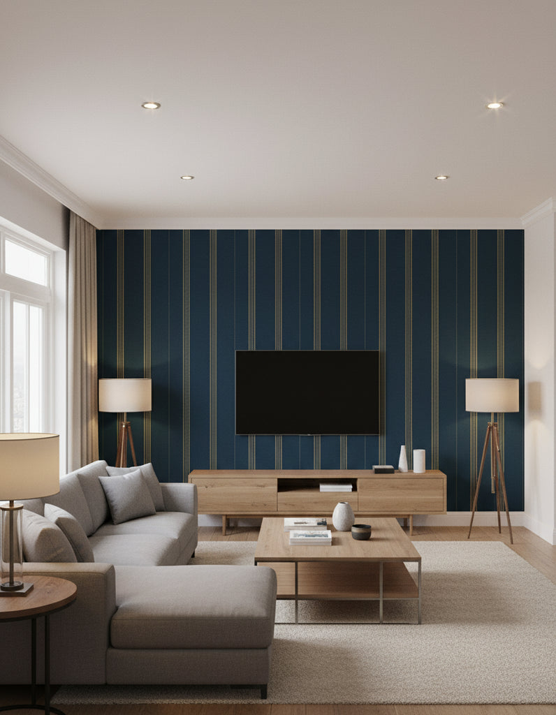 Oregon Indigo | Mind The Gap - Living Room Visualization (AI-generated, may not be to scale. Verify pattern scale with product specifications.)