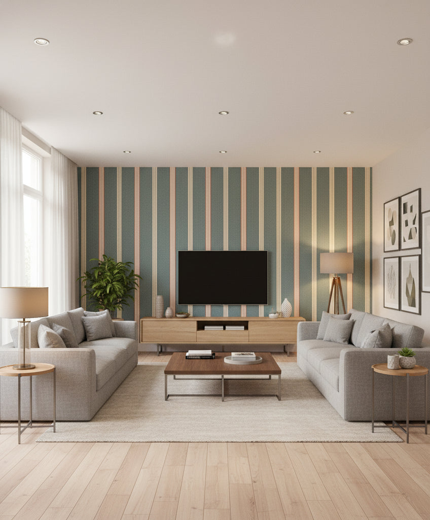 Oregon Washed Blue | Mind The Gap - Living Room Visualization (AI-generated, may not be to scale. Verify pattern scale with product specifications.)