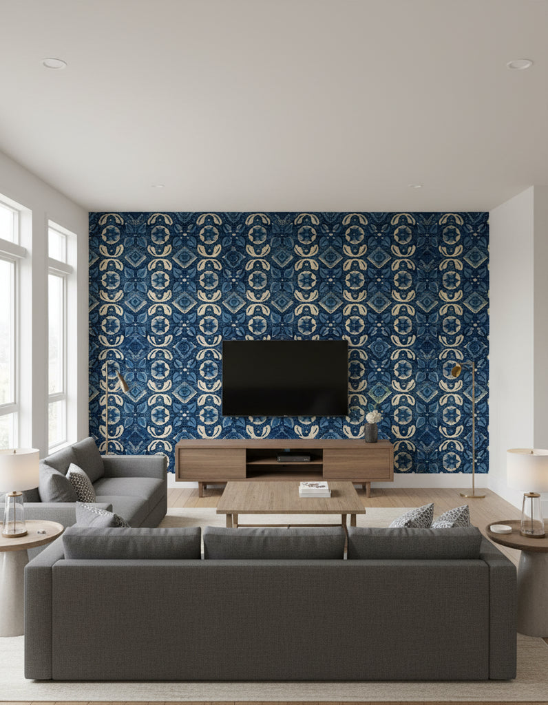 Varanasi Indigo | Mind The Gap - Living Room Visualization (AI-generated, may not be to scale. Verify pattern scale with product specifications.)