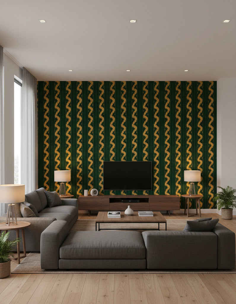 Vintage Ikat Topiary Green | Mind The Gap - Living Room Visualization (AI-generated, may not be to scale. Verify pattern scale with product specifications.)