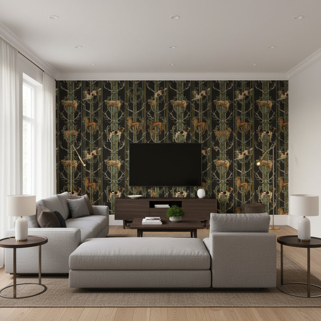 Mountain Dogs Peat Black | Mind The Gap - Living Room Visualization (AI-generated, may not be to scale. Verify pattern scale with product specifications.)