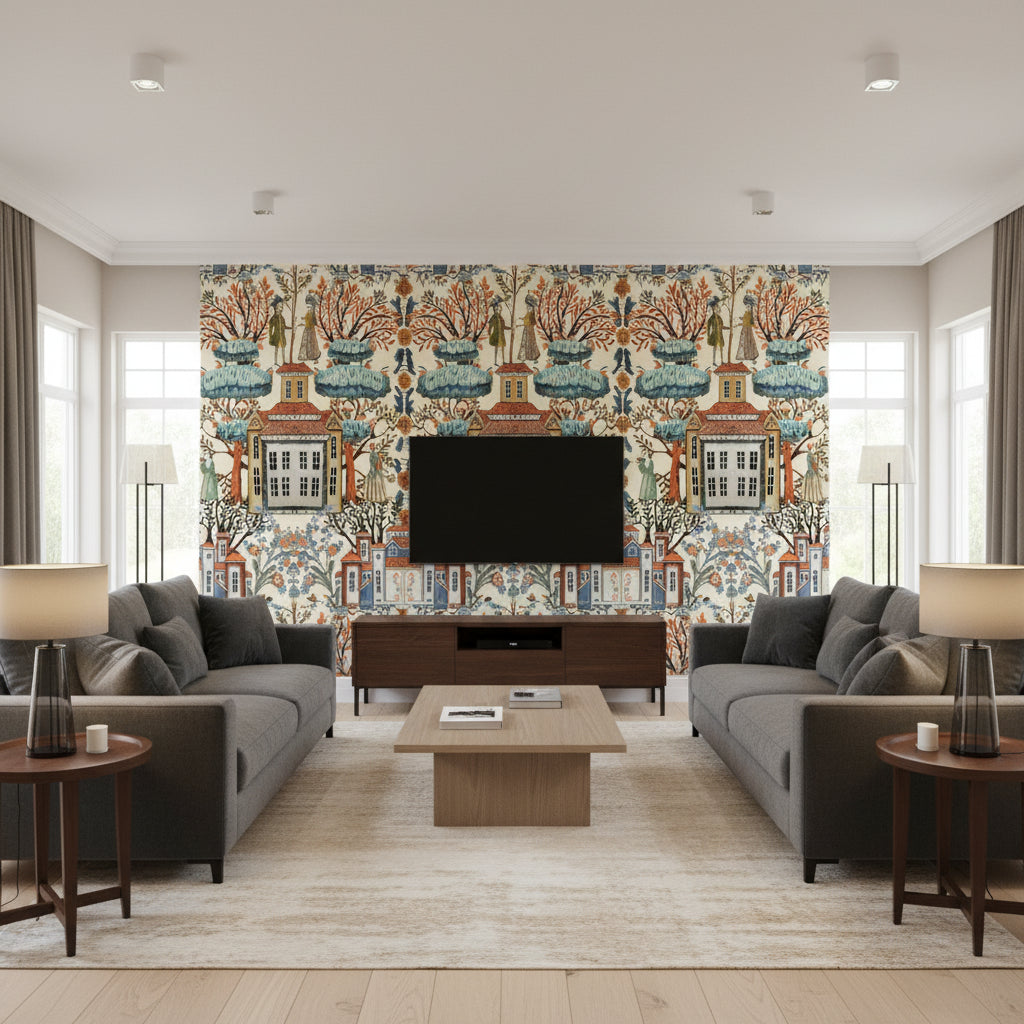 Tales Of Tyrol Taupe | Mind The Gap - Living Room Visualization (AI-generated, may not be to scale. Verify pattern scale with product specifications.)