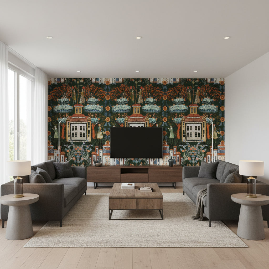 Tales Of Tyrol Peat Black | Mind The Gap - Living Room Visualization (AI-generated, may not be to scale. Verify pattern scale with product specifications.)