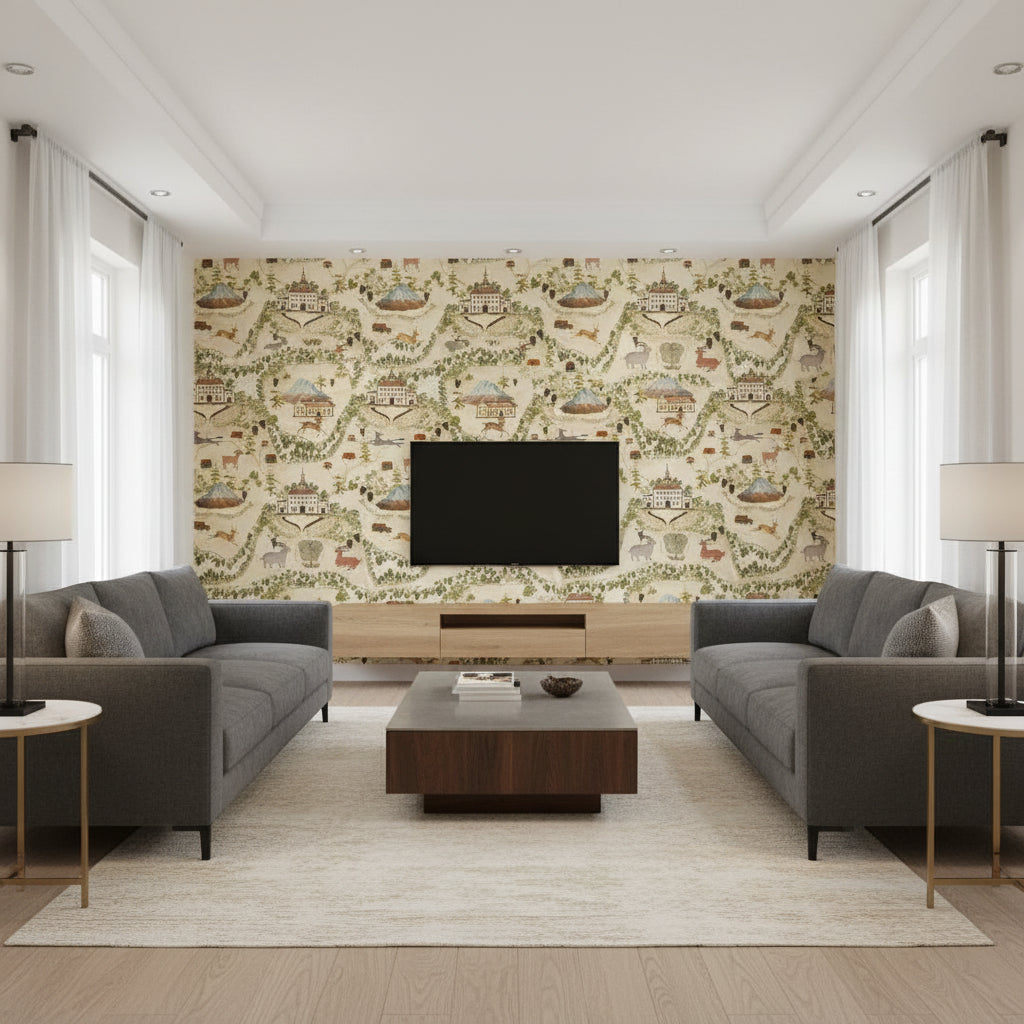 Galtür Of Tyrol Taupe | Mind The Gap - Living Room Visualization (AI-generated, may not be to scale. Verify pattern scale with product specifications.)
