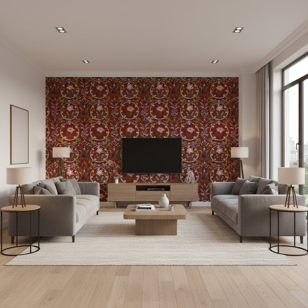 Edelweiss Burgundy | Mind The Gap - Living Room Visualization (AI-generated, may not be to scale. Verify pattern scale with product specifications.)