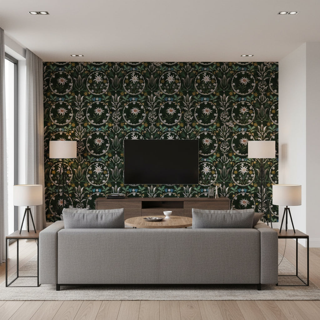 Edelweiss Cypress Green | Mind The Gap - Living Room Visualization (AI-generated, may not be to scale. Verify pattern scale with product specifications.)