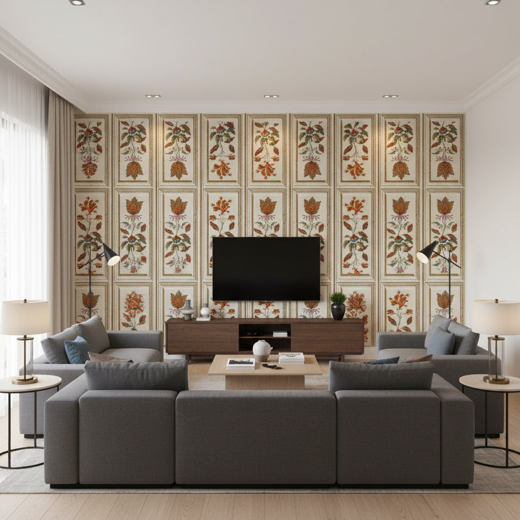 Tyrolean Panel Taupe | Mind The Gap - Living Room Visualization (AI-generated, may not be to scale. Verify pattern scale with product specifications.)