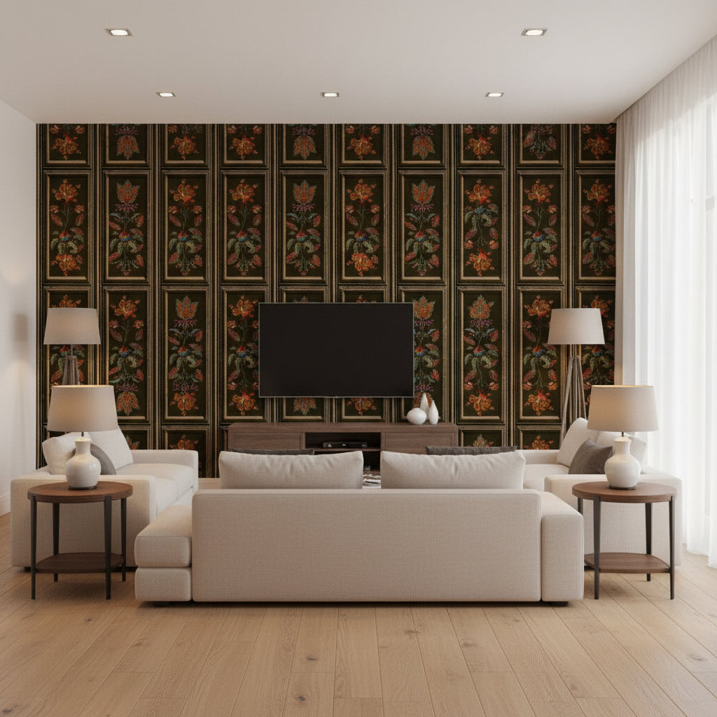 Tyrolean Panel Black | Mind The Gap - Living Room Visualization (AI-generated, may not be to scale. Verify pattern scale with product specifications.)