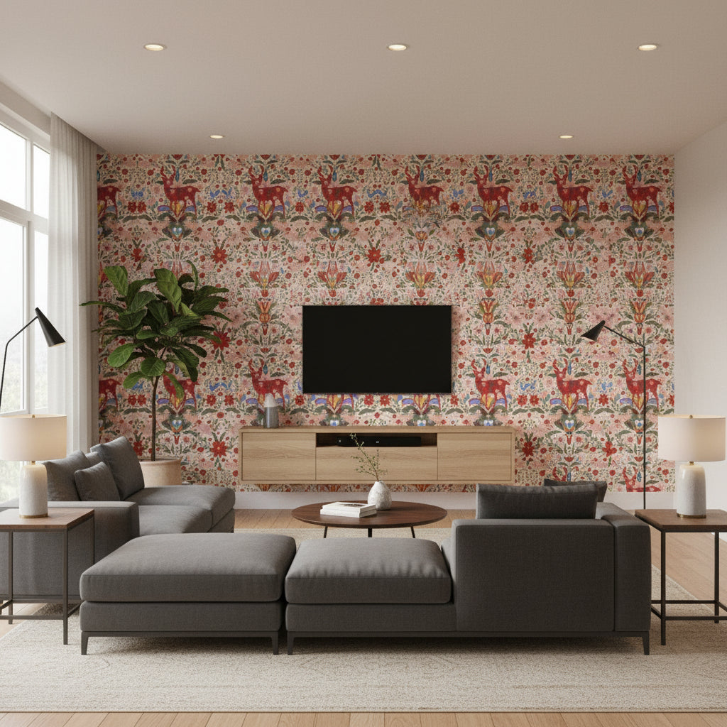 Der König Red | Mind The Gap - Living Room Visualization (AI-generated, may not be to scale. Verify pattern scale with product specifications.)