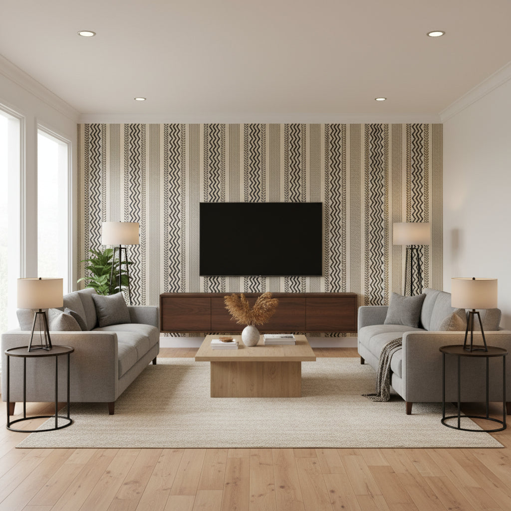 Jochberg Monochrome | Mind The Gap - Living Room Visualization (AI-generated, may not be to scale. Verify pattern scale with product specifications.)