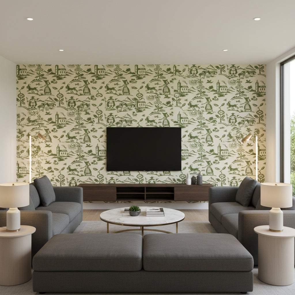 Brixen Green | Mind The Gap - Living Room Visualization (AI-generated, may not be to scale. Verify pattern scale with product specifications.)