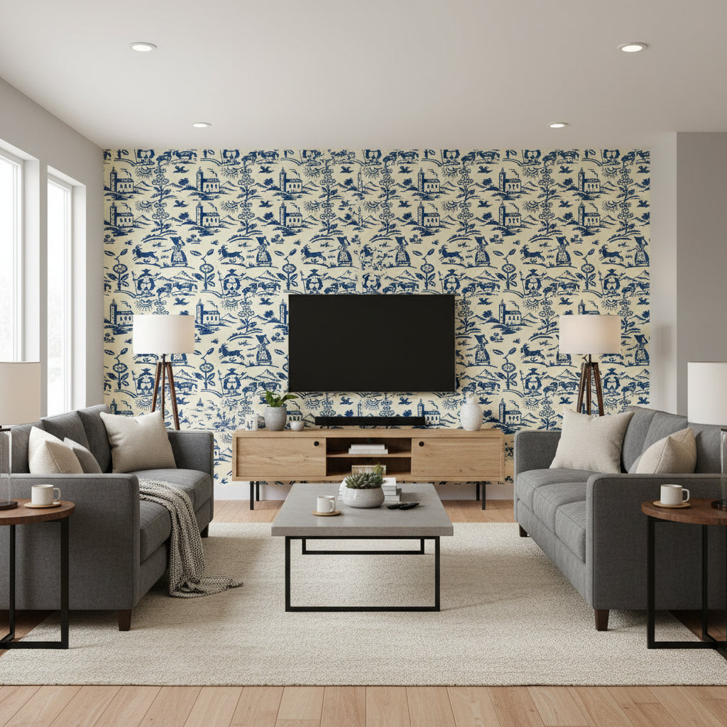 Brixen Blue | Mind The Gap - Living Room Visualization (AI-generated, may not be to scale. Verify pattern scale with product specifications.)