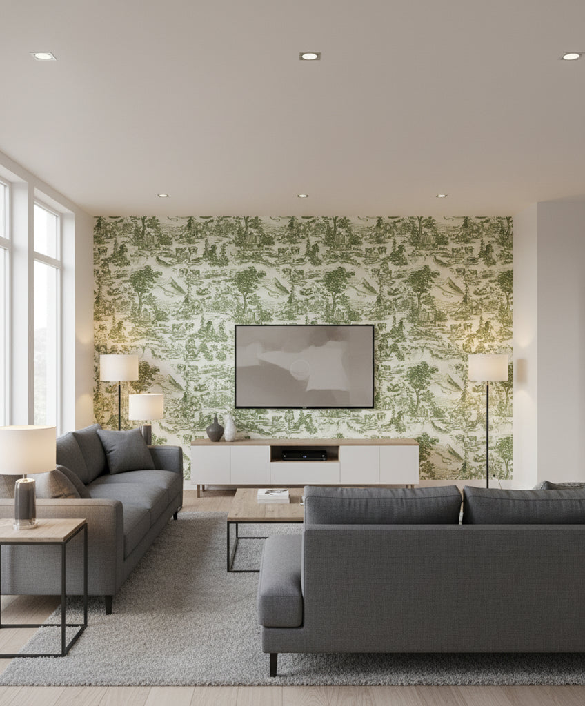 Toile Du Tyrol Evergreen | Mind The Gap - Living Room Visualization (AI-generated, may not be to scale. Verify pattern scale with product specifications.)