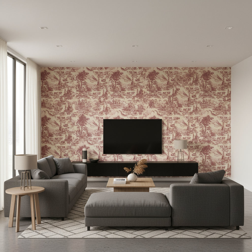 Toile Du Tyrol Burgundy | Mind The Gap - Living Room Visualization (AI-generated, may not be to scale. Verify pattern scale with product specifications.)