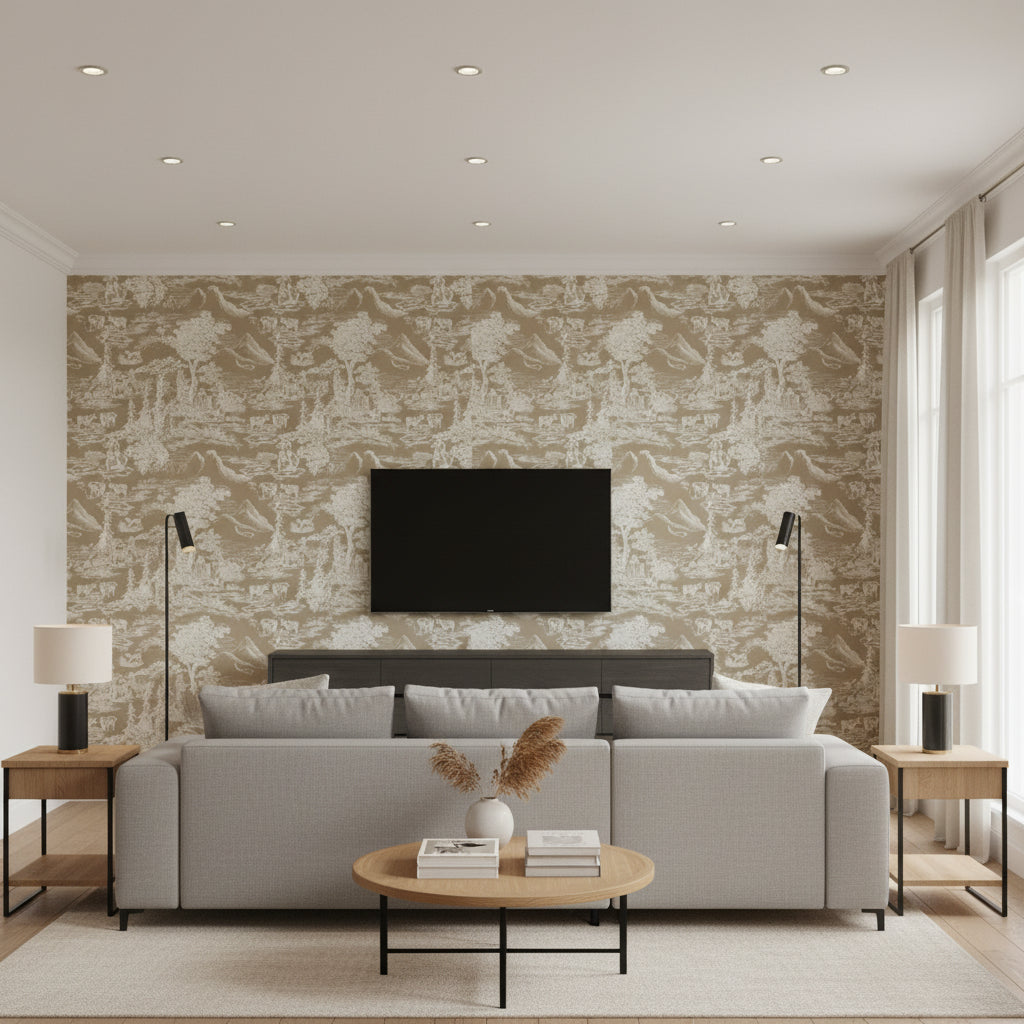 Toile Du Tyrol Taupe | Mind The Gap - Living Room Visualization (AI-generated, may not be to scale. Verify pattern scale with product specifications.)