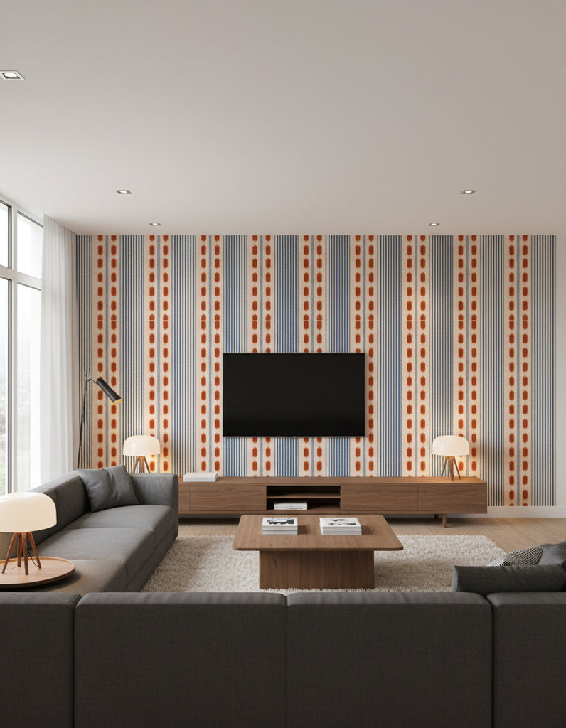 Mouassine Rouge | Mind The Gap - Living Room Visualization (AI-generated, may not be to scale. Verify pattern scale with product specifications.)